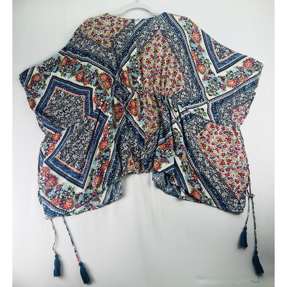 En Creme Floral Boho Kimono Cover Up Tassel Tie 100% Rayon Size M - Picture 4 of 12